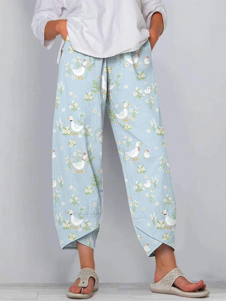 Farm Duck And Floral Pattern Loose Casual Pants