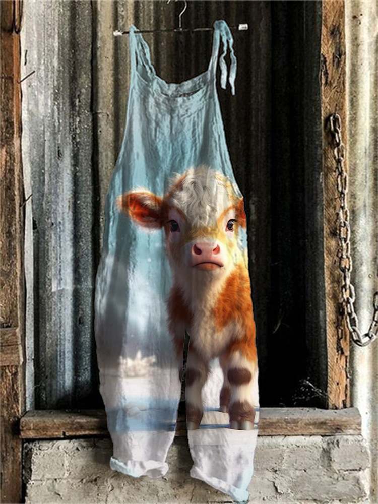 Fuzzy Highland Cow Art Loose Fit Jumpsuit