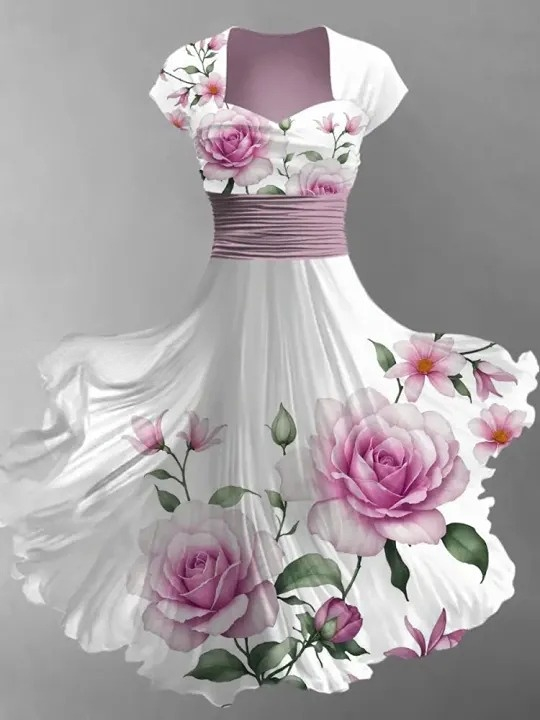 Floral Art Print V-Neck Vintage Chic Short Sleeve Midi Dress