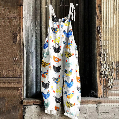 Cute Farm Floral Chicken Pattern Linen Blend Comfy Jumpsuit