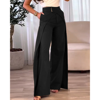 Fashion Women's Casual High Waist Overlap Asymmetric Elegant Solid Color Wide Leg Pants
