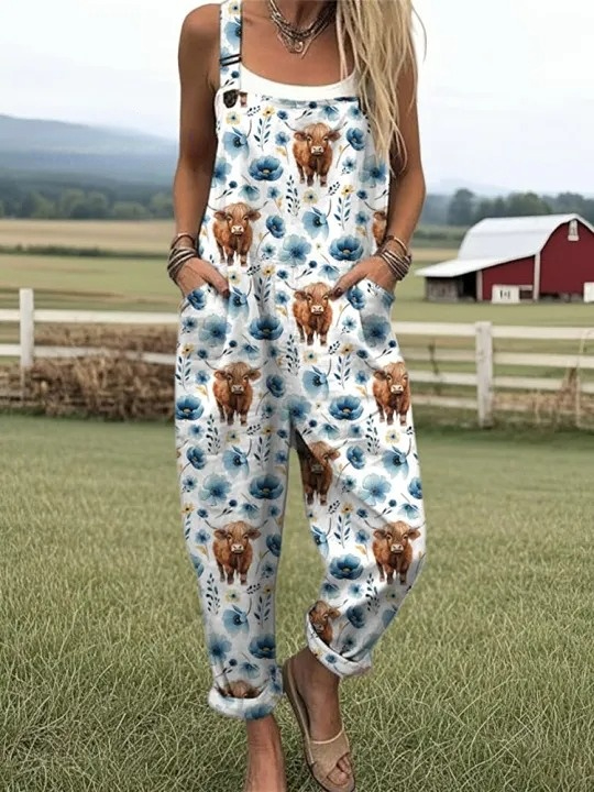 Women's Highland Cow Floral Print Casual Cotton Wide Leg Jumpsuit