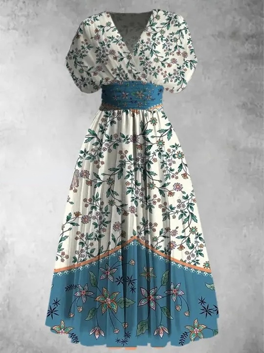 Retro Boho Floral Print Vintage Elegant V-Neck Short Sleeve Maxi Dress