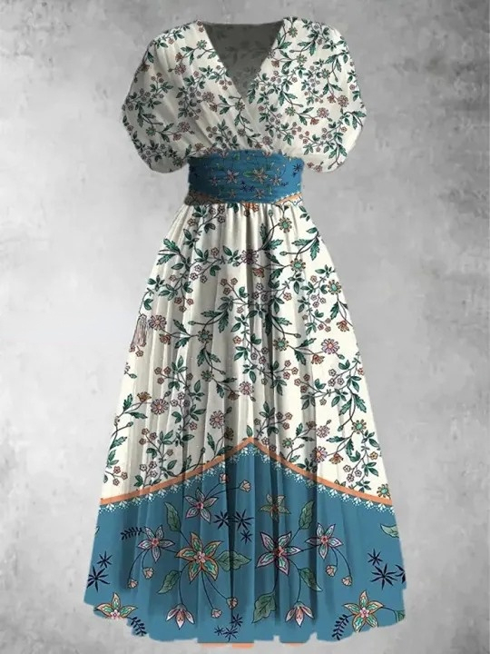 Retro Boho Floral Print Vintage Elegant V-Neck Short Sleeve Maxi Dress