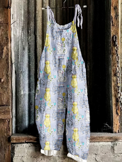 Retro Farm Kitten Floral Printed Casual Jumpsuit
