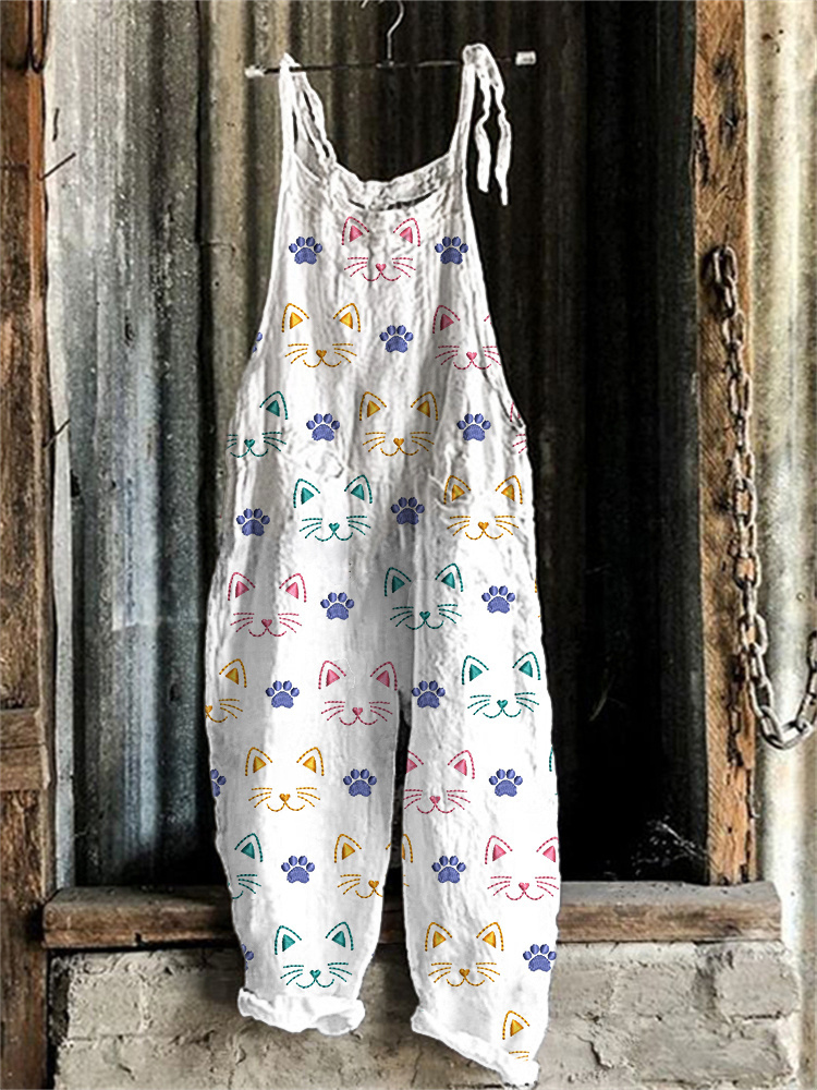 Cute Cat Embroidery Pattern Linen Blend Casual Jumpsuit