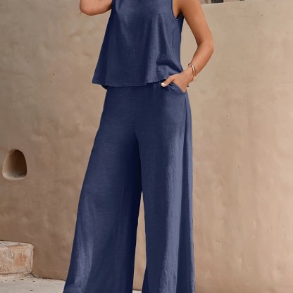 Solid Elegant Two-piece Set, Sleeveless Tank Top & Wide Leg Loose Pants Outfits, Women's Clothing