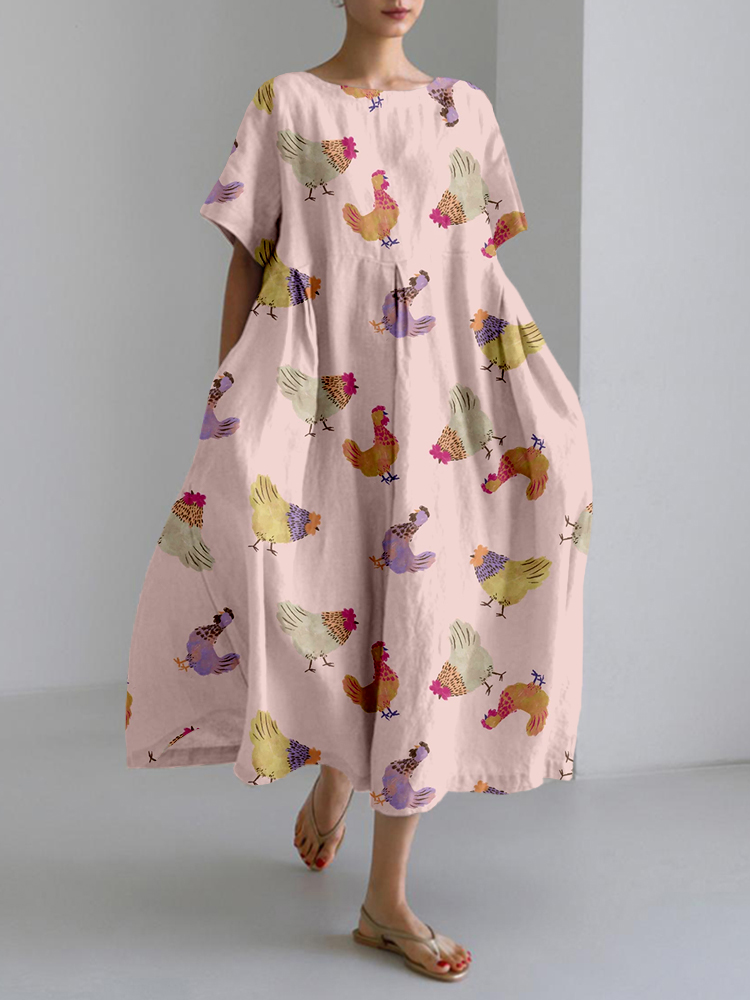 Farm Chickens Pattern Linen Blend Maxi Dress