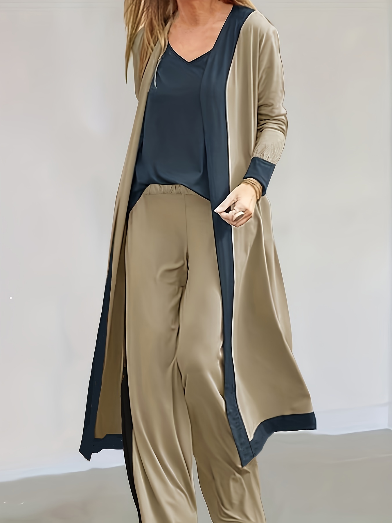 Color Block Casual Three-piece Set, Open Front Long Sleeve Cardigan & 