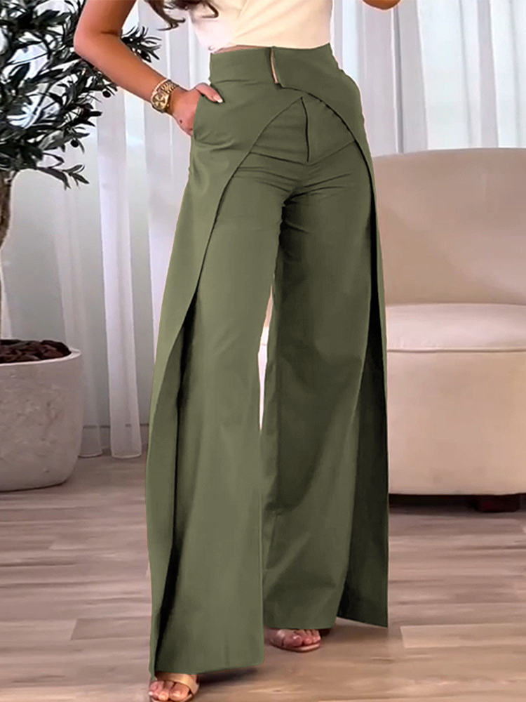 Fashion Women's Casual High Waist Overlap Asymmetric Elegant Solid Color Wide Leg Pants