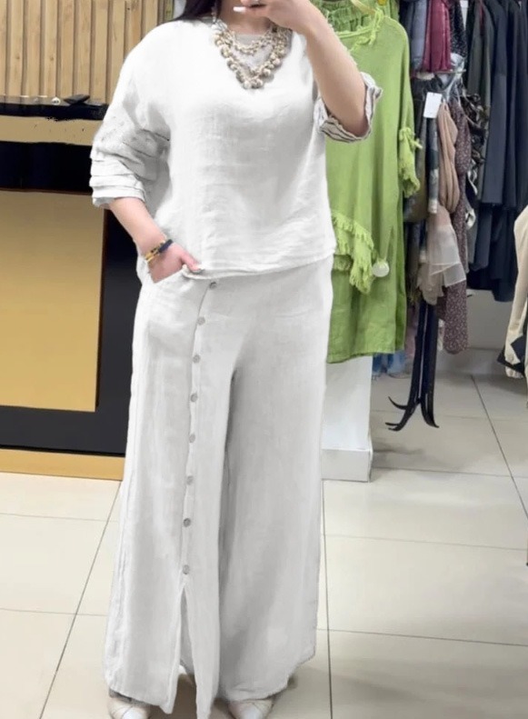 Fashion solid color loose casual three-quarter sleeve top loose pants suit