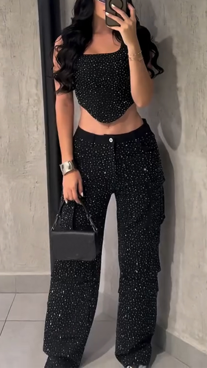 Women Irregular Hot Diamond Top + Pants Sexy Temperament Suit