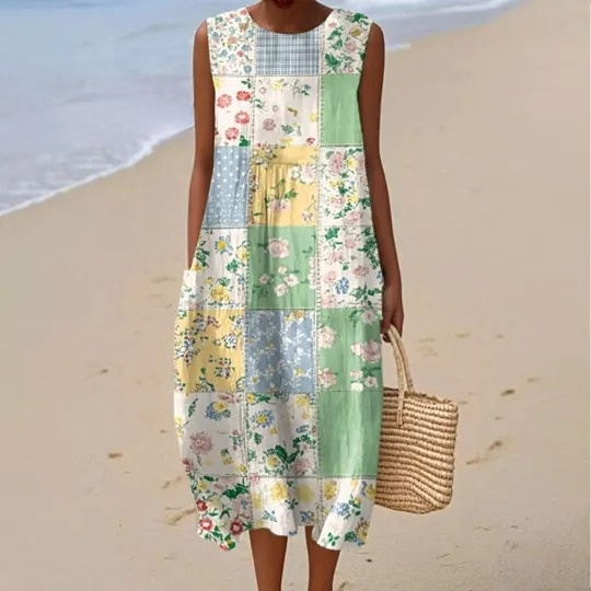 Women's Vintage Floral Art Print Sleeveless Cotton Pocket Wrap Dress