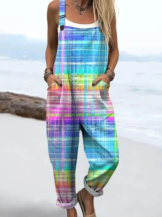 Women's Abstract Line Pattern Art Print Casual 100% Cotton Wide Leg Ju