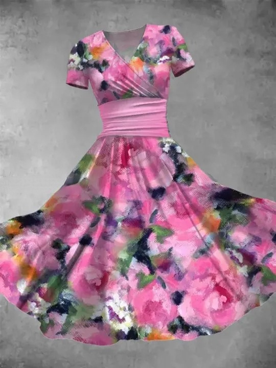 Floral Print V-Neck Short Sleeve Vintage Midi Dress