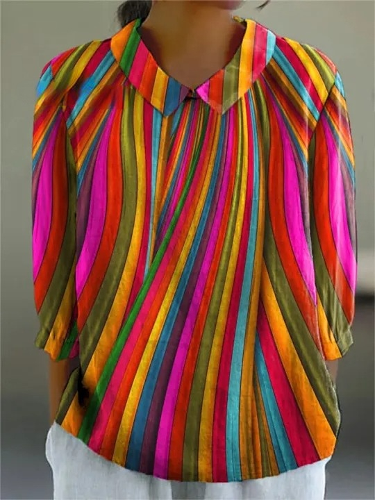 Multicolor Summer Swirl Pattern Printed Women's Casual Cotton And Linen 3/4 Sleeve Shirt
