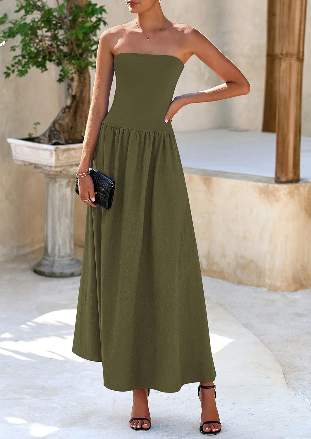 Women's 2025 Spring Strapless Maxi Dresses Patchwork Long Flowy Pockets Elegant Going Out Summer Tube Top Dress