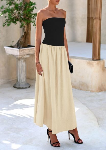 Women's 2025 Spring Strapless Maxi Dresses Patchwork Long Flowy Pockets Elegant Going Out Summer Tube Top Dress