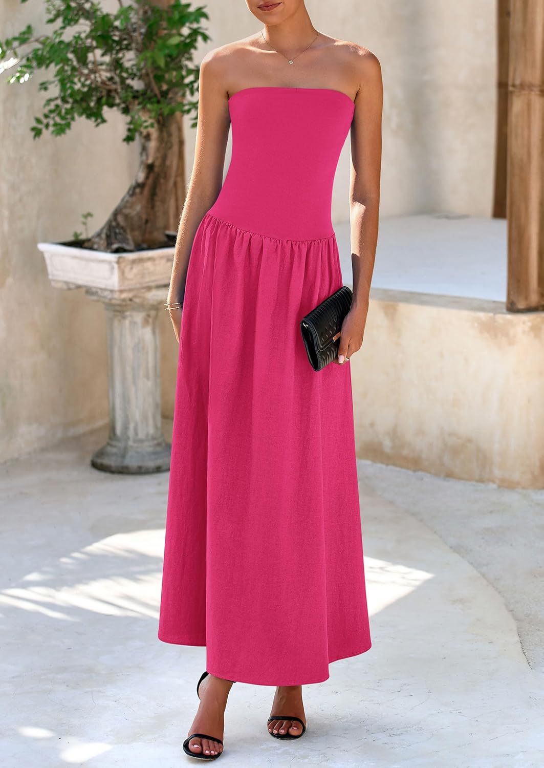 Women's 2025 Spring Strapless Maxi Dresses Patchwork Long Flowy Pockets Elegant Going Out Summer Tube Top Dress