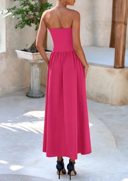 Women's 2025 Spring Strapless Maxi Dresses Patchwork Long Flowy Pockets Elegant Going Out Summer Tube Top Dress