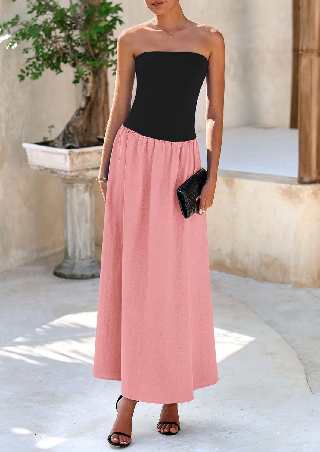 Women's 2025 Spring Strapless Maxi Dresses Patchwork Long Flowy Pockets Elegant Going Out Summer Tube Top Dress