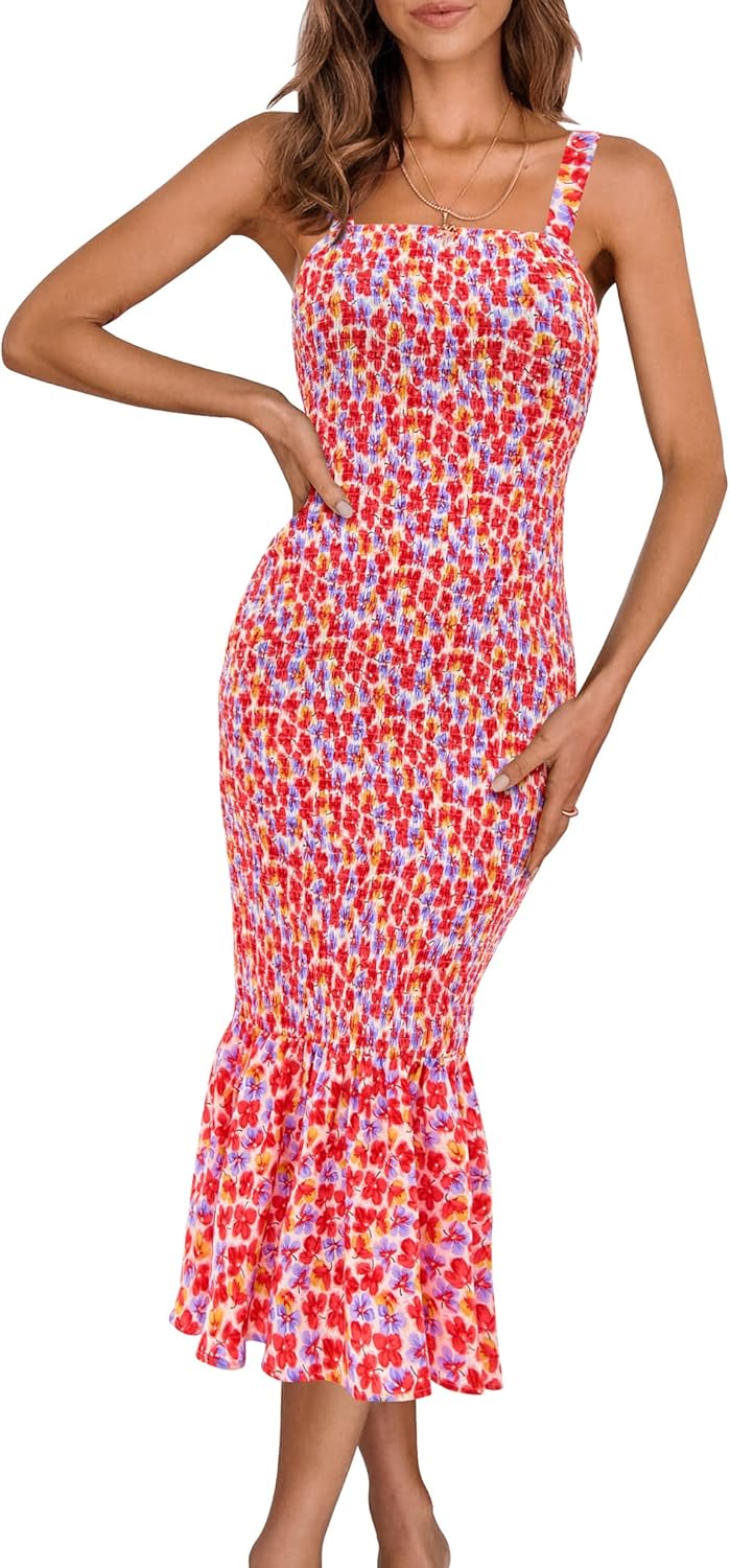 Women's Summer Floral Midi Tank Dress Sleeveless Strappy Ruffle Hem Smocked Bodycon Dresses
