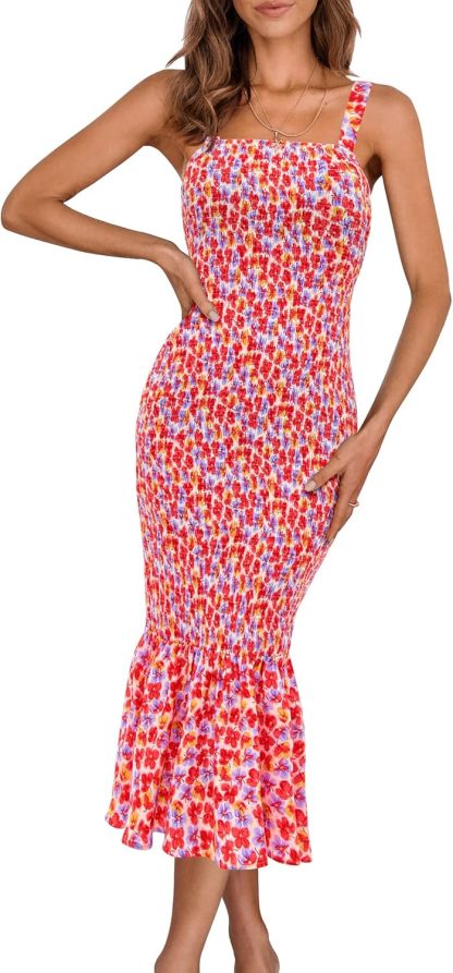 Women's Summer Floral Midi Tank Dress Sleeveless Strappy Ruffle Hem Smocked Bodycon Dresses