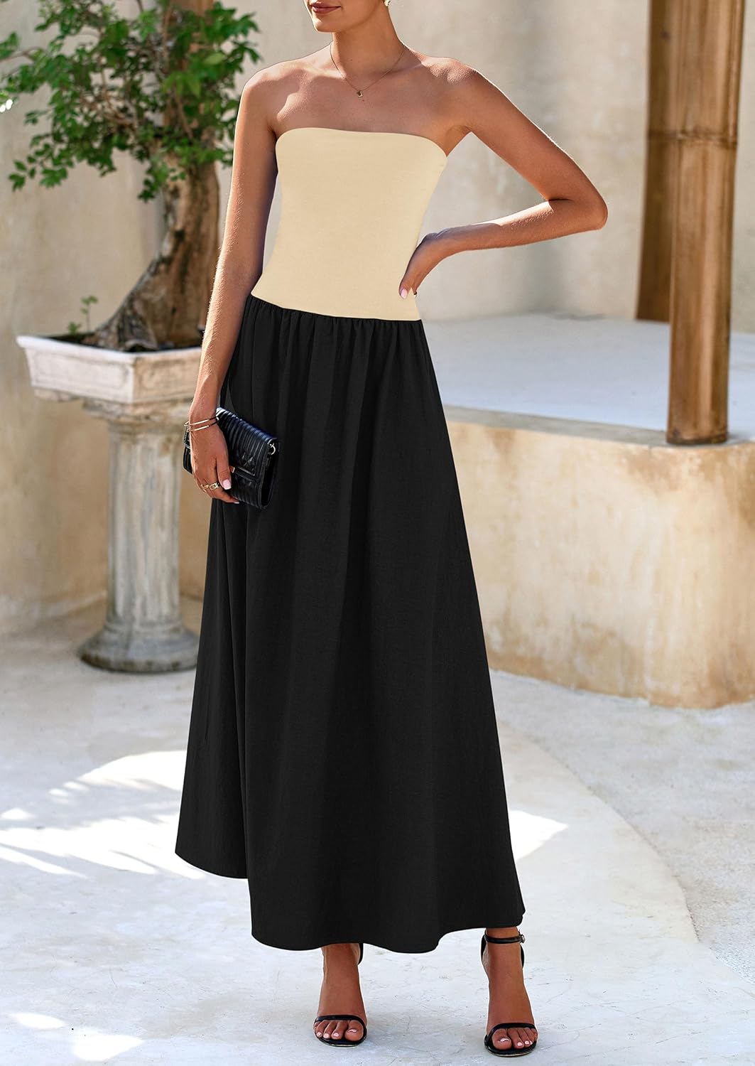 Women's 2025 Spring Strapless Maxi Dresses Patchwork Long Flowy Pockets Elegant Going Out Summer Tube Top Dress