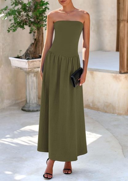 Women's 2025 Spring Strapless Maxi Dresses Patchwork Long Flowy Pockets Elegant Going Out Summer Tube Top Dress