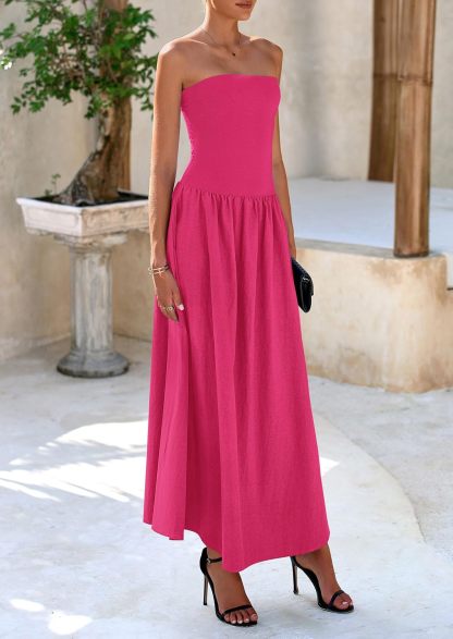 Women's 2025 Spring Strapless Maxi Dresses Patchwork Long Flowy Pockets Elegant Going Out Summer Tube Top Dress