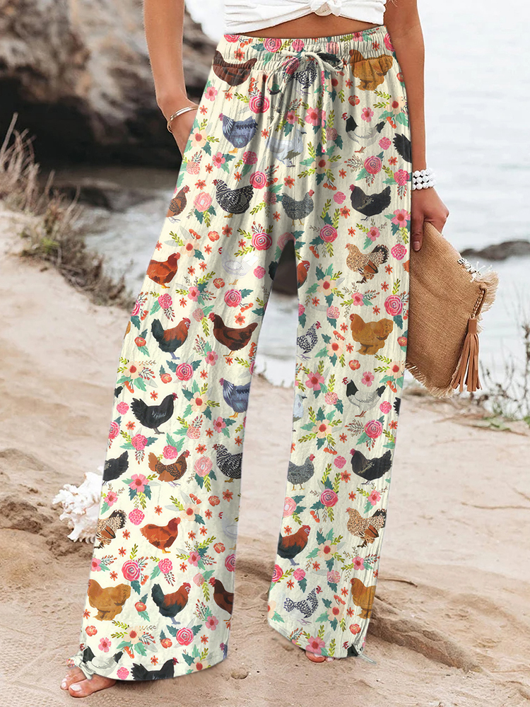 Women's Farm Chicken And Floral Pattern Casual Pants