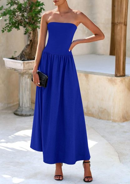 Women's 2025 Spring Strapless Maxi Dresses Patchwork Long Flowy Pockets Elegant Going Out Summer Tube Top Dress