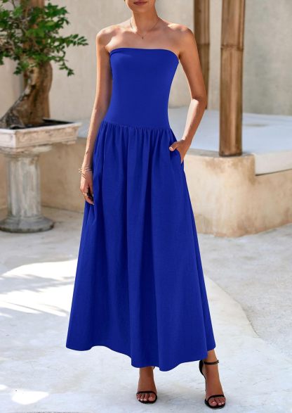 Women's 2025 Spring Strapless Maxi Dresses Patchwork Long Flowy Pockets Elegant Going Out Summer Tube Top Dress
