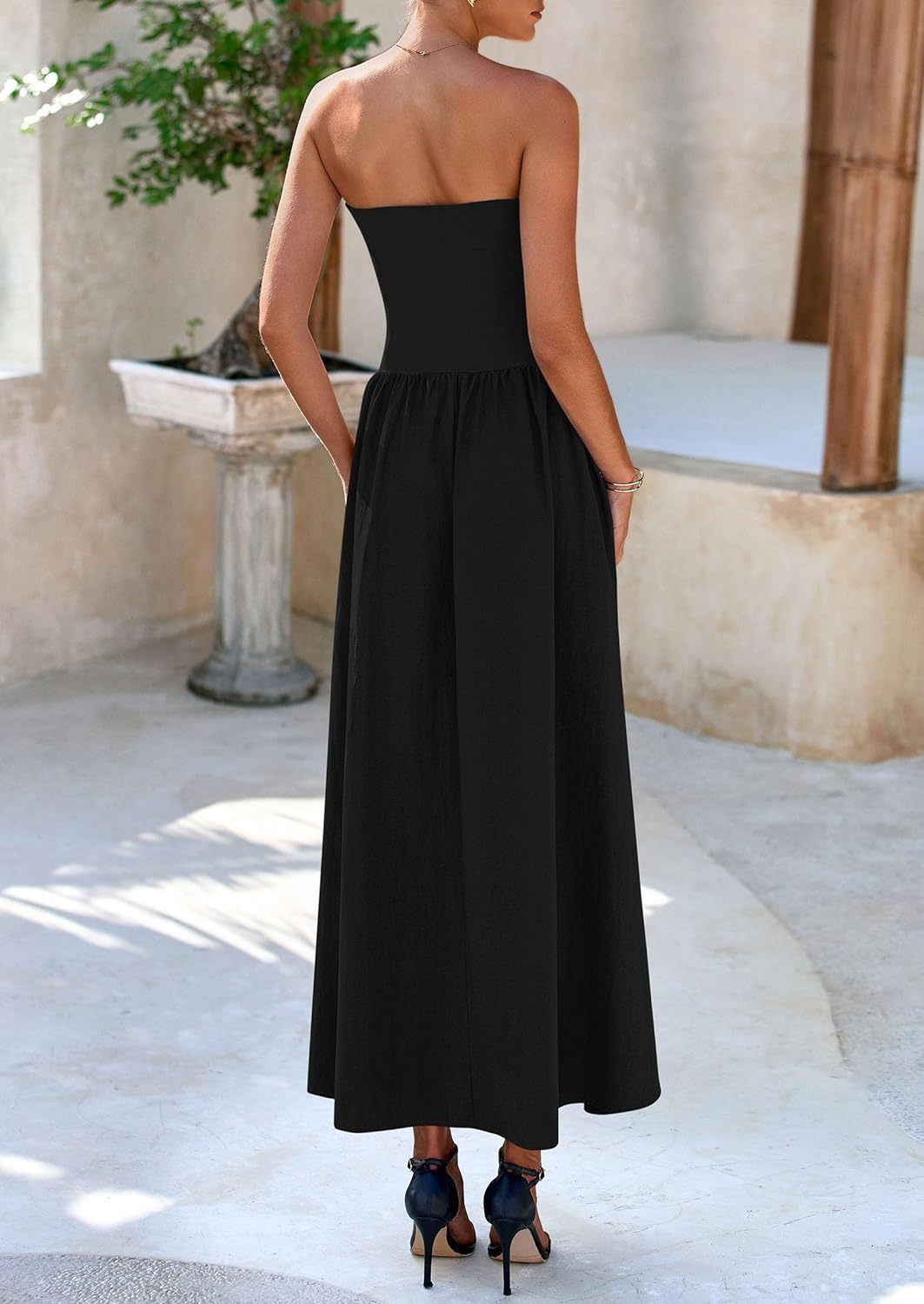Women's 2025 Spring Strapless Maxi Dresses Patchwork Long Flowy Pockets Elegant Going Out Summer Tube Top Dress