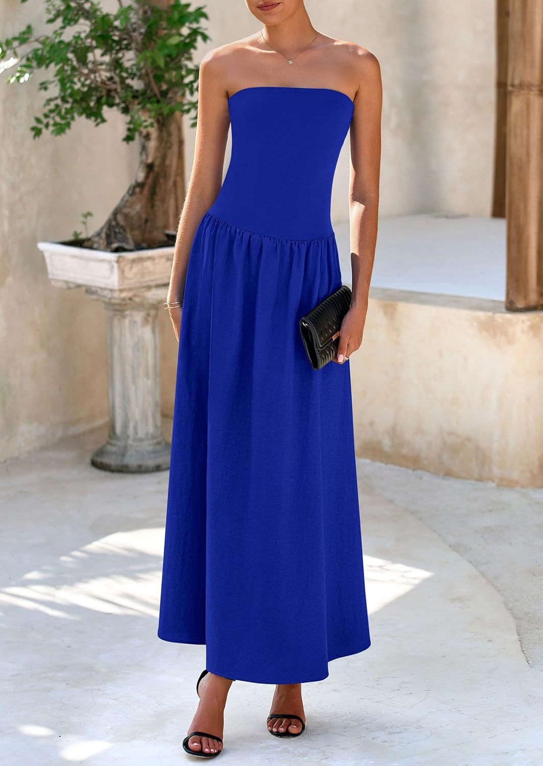 Women's 2025 Spring Strapless Maxi Dresses Patchwork Long Flowy Pockets Elegant Going Out Summer Tube Top Dress