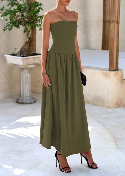 Women's 2025 Spring Strapless Maxi Dresses Patchwork Long Flowy Pockets Elegant Going Out Summer Tube Top Dress