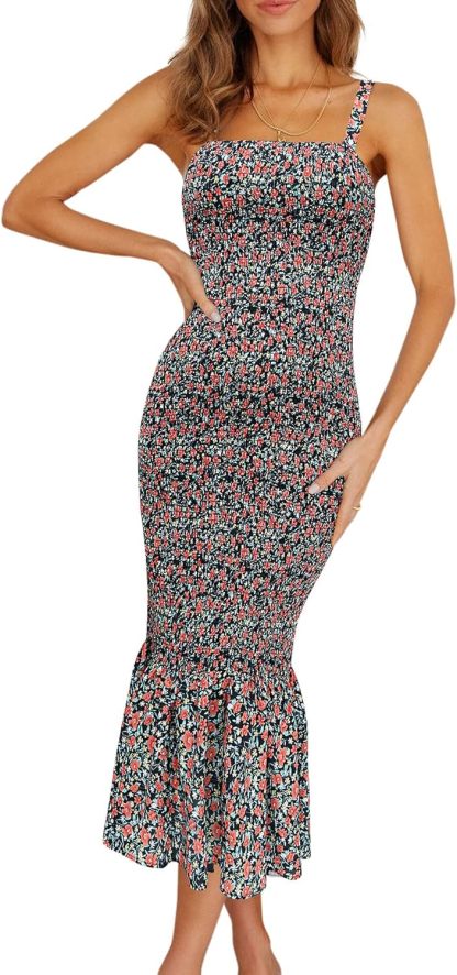 Women's Summer Floral Midi Tank Dress Sleeveless Strappy Ruffle Hem Smocked Bodycon Dresses
