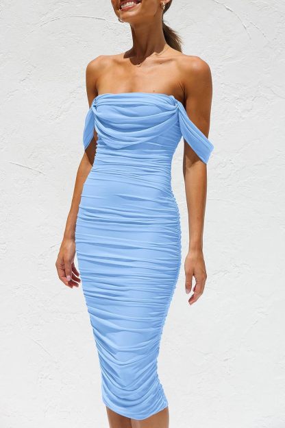 PRETTYGARDEN Wedding Guest Dress 2025 Summer Off Shoulder Ruched Elegant Sexy Bodycon Homecoming Cocktail Party Midi Dress