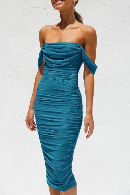 PRETTYGARDEN Wedding Guest Dress 2025 Summer Off Shoulder Ruched Elegant Sexy Bodycon Homecoming Cocktail Party Midi Dress