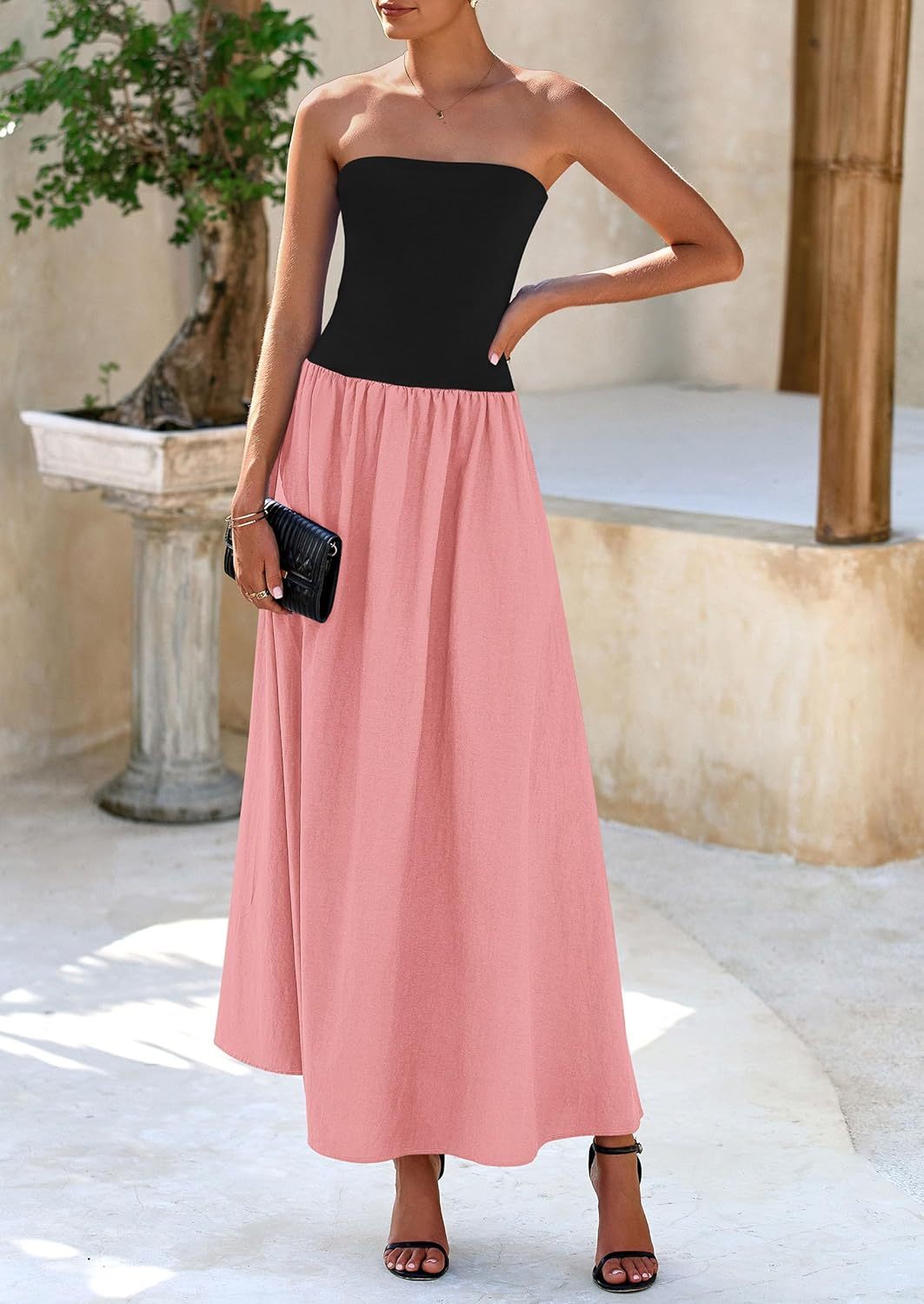 Women's 2025 Spring Strapless Maxi Dresses Patchwork Long Flowy Pockets Elegant Going Out Summer Tube Top Dress