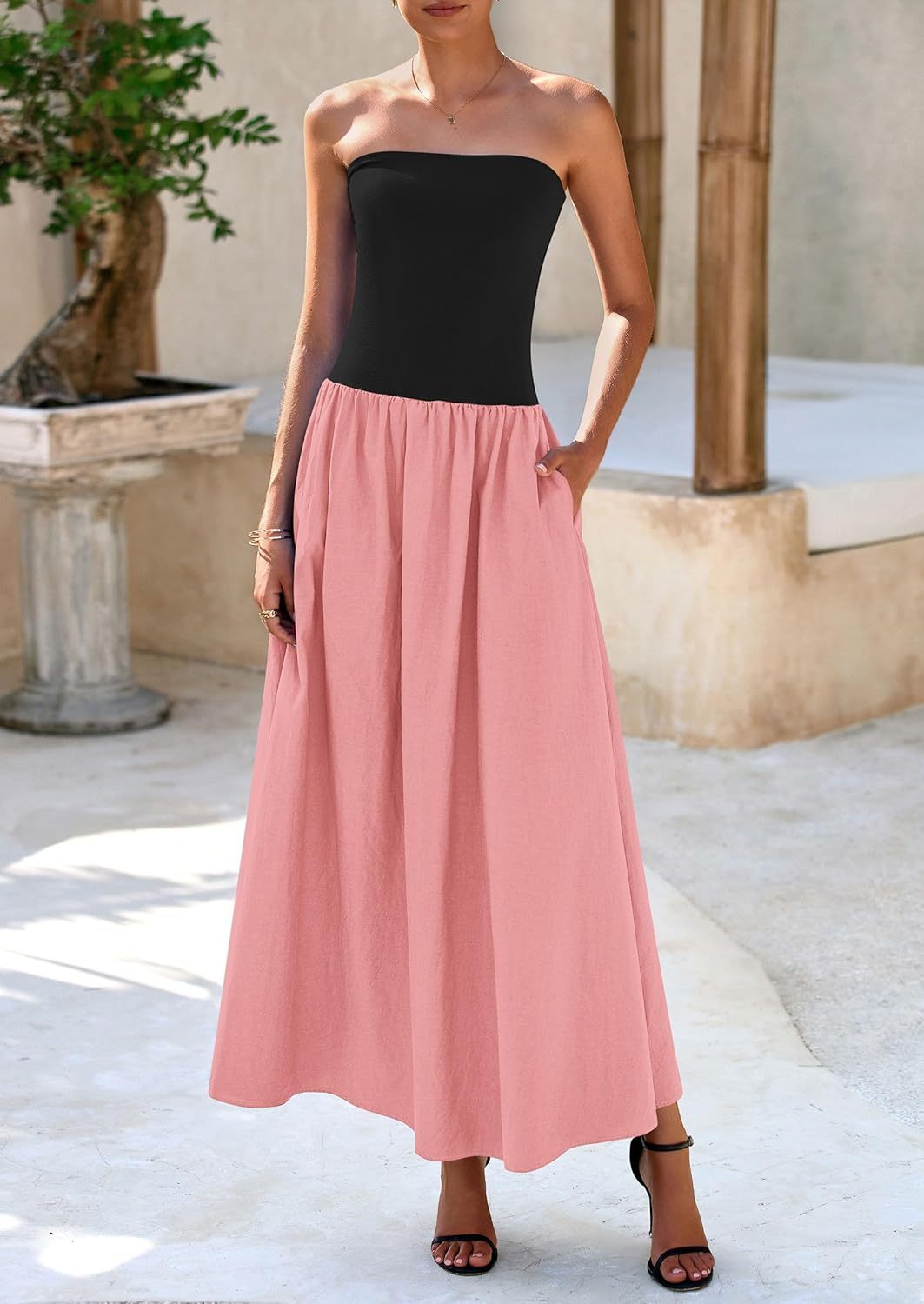 Women's 2025 Spring Strapless Maxi Dresses Patchwork Long Flowy Pockets Elegant Going Out Summer Tube Top Dress