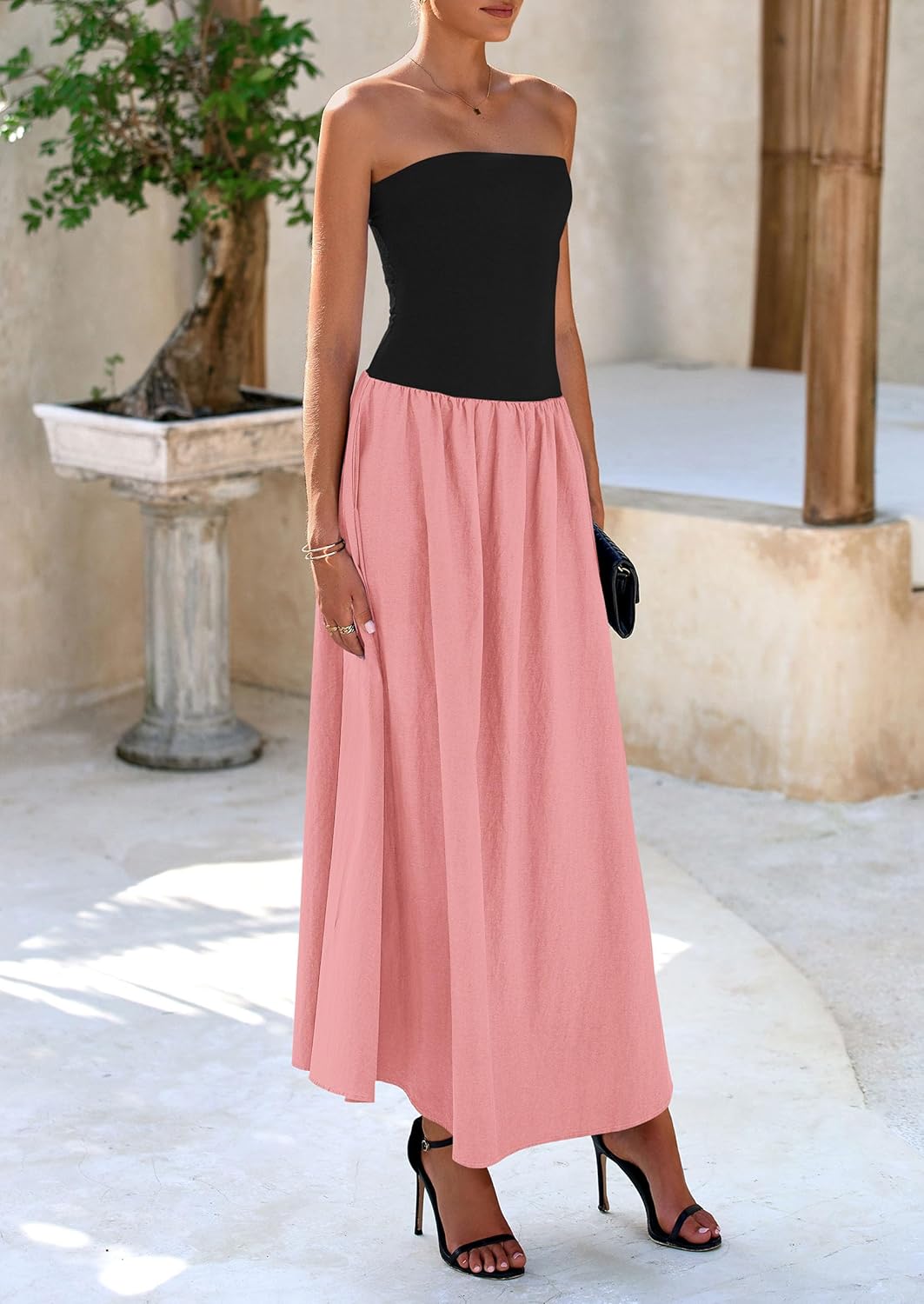 Women's 2025 Spring Strapless Maxi Dresses Patchwork Long Flowy Pockets Elegant Going Out Summer Tube Top Dress