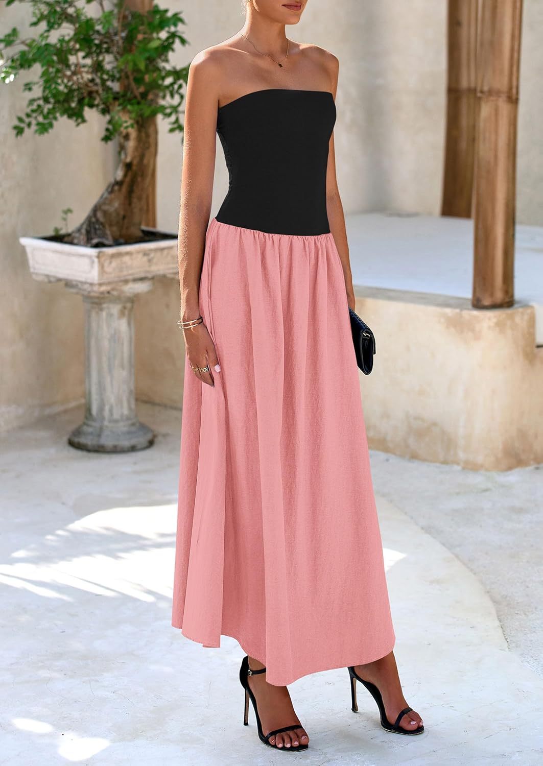 Women's 2025 Spring Strapless Maxi Dresses Patchwork Long Flowy Pockets Elegant Going Out Summer Tube Top Dress