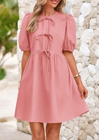 Womens 2025 Summer Casual Short Sleeve Dresses A Line Bow Tie Front Babydoll Loose Cute Mini Dress with Pockets
