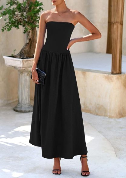 Women's 2025 Spring Strapless Maxi Dresses Patchwork Long Flowy Pockets Elegant Going Out Summer Tube Top Dress