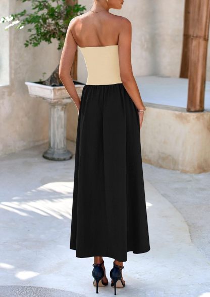Women's 2025 Spring Strapless Maxi Dresses Patchwork Long Flowy Pockets Elegant Going Out Summer Tube Top Dress