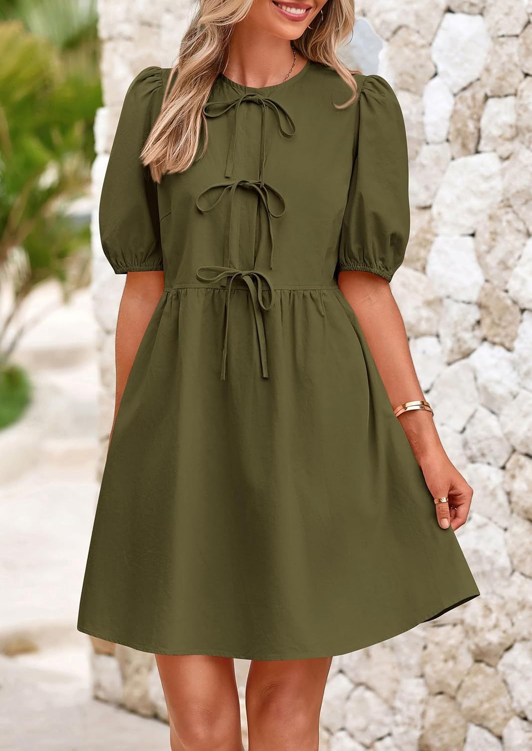 Womens 2025 Summer Casual Short Sleeve Dresses A Line Bow Tie Front Babydoll Loose Cute Mini Dress with Pockets