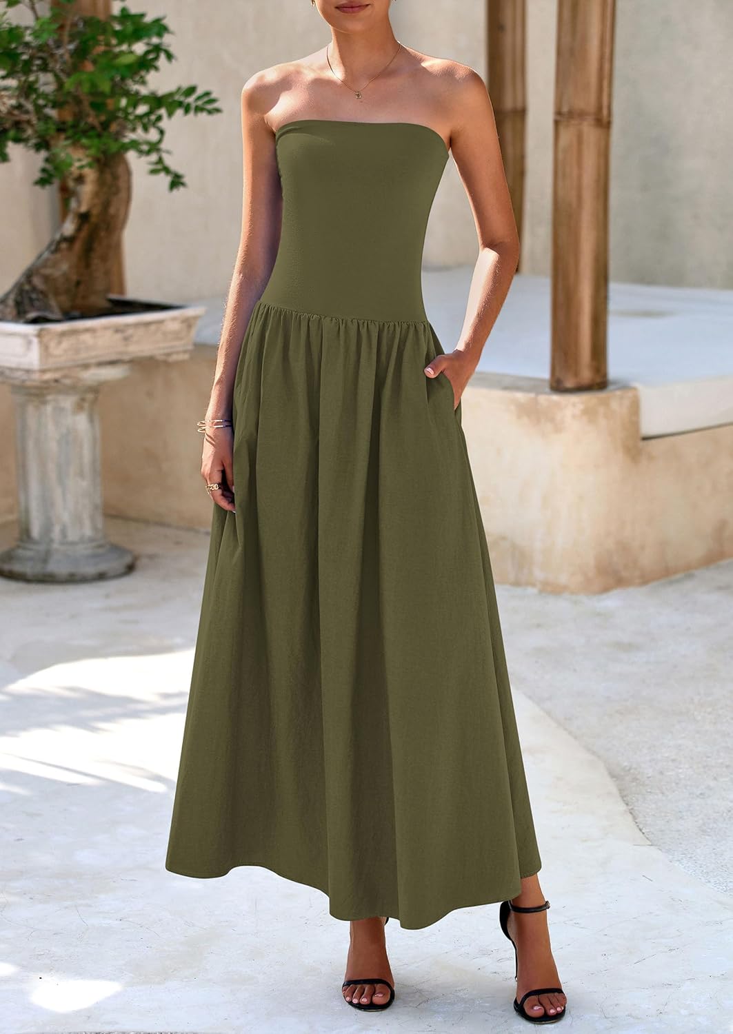 Women's 2025 Spring Strapless Maxi Dresses Patchwork Long Flowy Pockets Elegant Going Out Summer Tube Top Dress