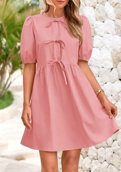 Womens 2025 Summer Casual Short Sleeve Dresses A Line Bow Tie Front Babydoll Loose Cute Mini Dress with Pockets