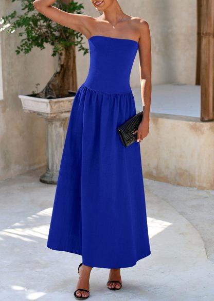 Women's 2025 Spring Strapless Maxi Dresses Patchwork Long Flowy Pockets Elegant Going Out Summer Tube Top Dress